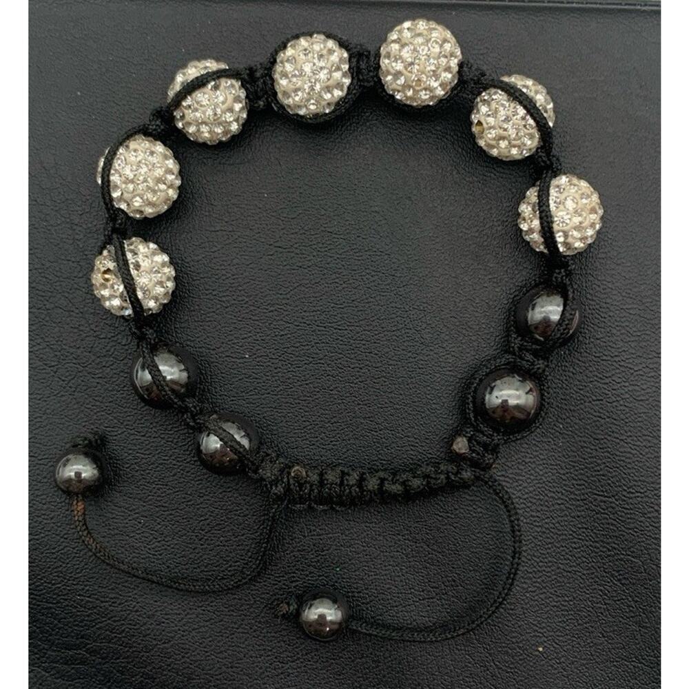 Macrame Bracelet Clear CZ Pave Ball Bead Black Cord Slider 6-9.5 Inch Whimsygoth